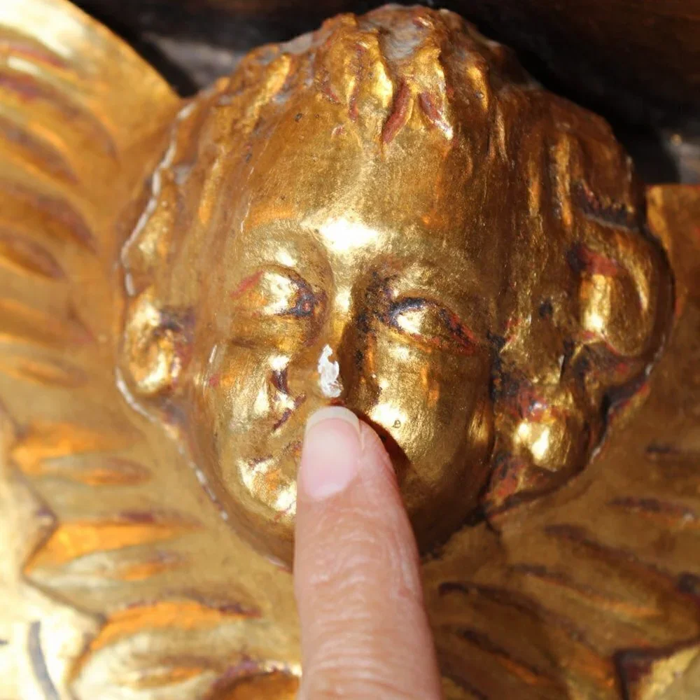 Antique vintage wood carved gilded Putti brackets Cherub Baroque golden flaws